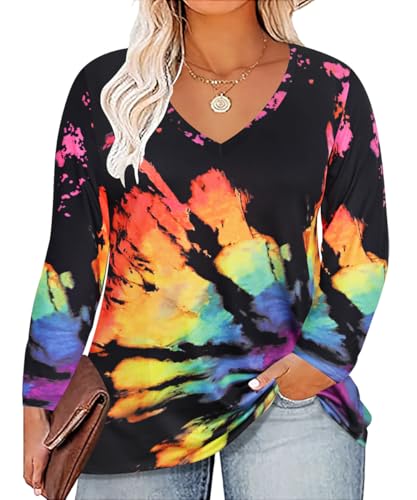 CARCOS Womens Plus Size Tops 6X Long Sleeve Tie Dye Black Rainbow Shirts V Neck Tunics Black Tie Dye Pullover Tees Casual Fall Blouses 6XL 28W 30W