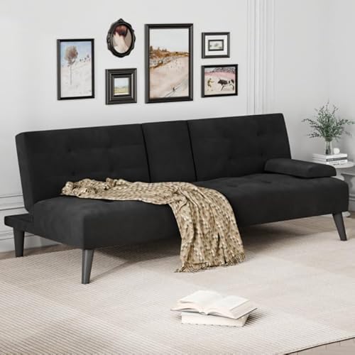JAMFLY Futon Sofa Bed, 64" Small Futon Couch with Adjustable Backrest, 3-Angle Recliner, Detachable Armrests with Cup Holders for Small Spaces, Living Room, Office, Apartment (Black Velvet)