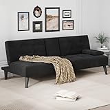 JAMFLY Futon Sofa Bed, 64' Small Futon Couch with Adjustable Backrest, 3-Angle Recliner, Detachable Armrests with Cup Holders for Small Spaces, Living Room, Office, Apartment (Black Velvet)