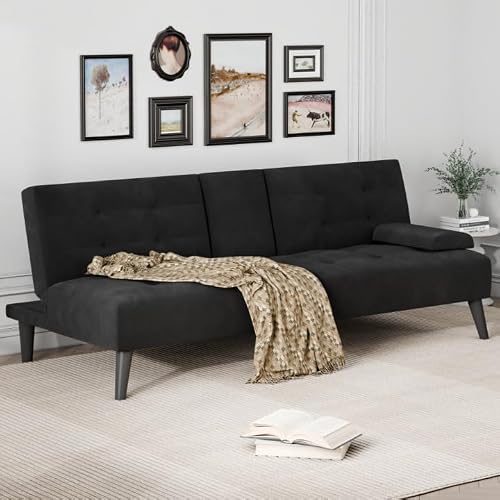 JAMFLY Futon Sofa Bed, 64\" Small Futon Couch with Adjustable Backrest, 3-Angle Recliner, Detachable Armrests with Cup Holders for Small Spaces, Living Room, Office, Apartment (Black Velvet)