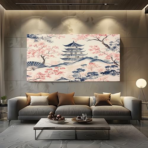 ZORYAN Pagoda Dei Fiori Di Ciliegio In Stile Giapponese Quadri Moderni su Tela per Soggiorno e Camera da Letto Stampe con Cornice 70x140cm, Decorazioni da Parete Bianco Quadri Moderni Soggiorno