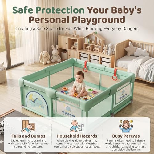 Image of StarAndDaisy Play Pen for Baby for 0-5 Years 120 x 120 cm Baby Play Area Indoor Setup with Safety Lock & Anti-Fall Grasp System | Breathable Play Pen for Kids Indoor - Green