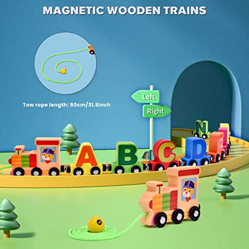 Atoylink 27 Pcs Wooden Train Cars Set Toddlers Magnetic Alphabet Animal Train Toy Kids Boys Girls Letter Cars Montessori Educational Toys For Age 3 4 5 6 7 8 #TOP2