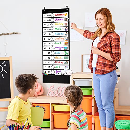 Akayok Daily Schedule Pocket Chart, 13+1 Pocket Visual Schedule Chart, 18 Double-Sided Blank Reusable Dry-Eraser Cards, Educational Schedule Charts For Classroom Homeschooling Toddlers (Black)… #TOP6