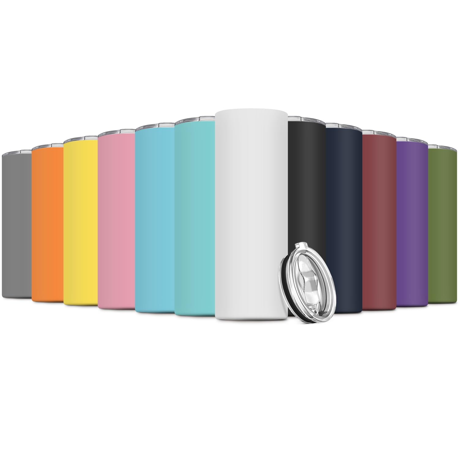 12Pack 20oz Stainless Steel Skinny Tumbler, Double Wall Insulated Tumblers with Lid, Water Tumbler Cup, Slim Vacuum Travel Tumbler for Coffee Wine Drinks Tea Beverages (Assorted Colors)