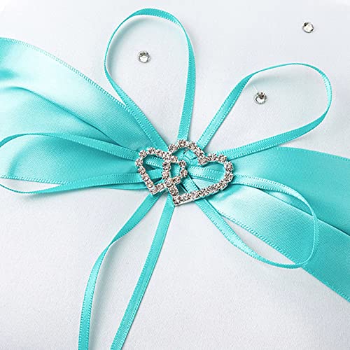 Arksu Flower Girl Basket 5X8.5 Inch And Ring Pillow 7.8X7.8 Inch Decorated With Satin Ribbon And 2 Heart Rhinestones For Rustic Wedding Shower Ceremony Party-Aqua Blue #TOP1