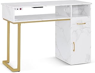 Barberpub Manikürtisch mit Schublade & Schrank, Nageltisch mit Absaugung, 3 Steckdosen, 2 Staubsaugerbeuteln, Nagelfrisiertisch Holz, Schreibtisch für Nagelstudio, Marmor-Weiß Gold, 50x110x82cm, 2491