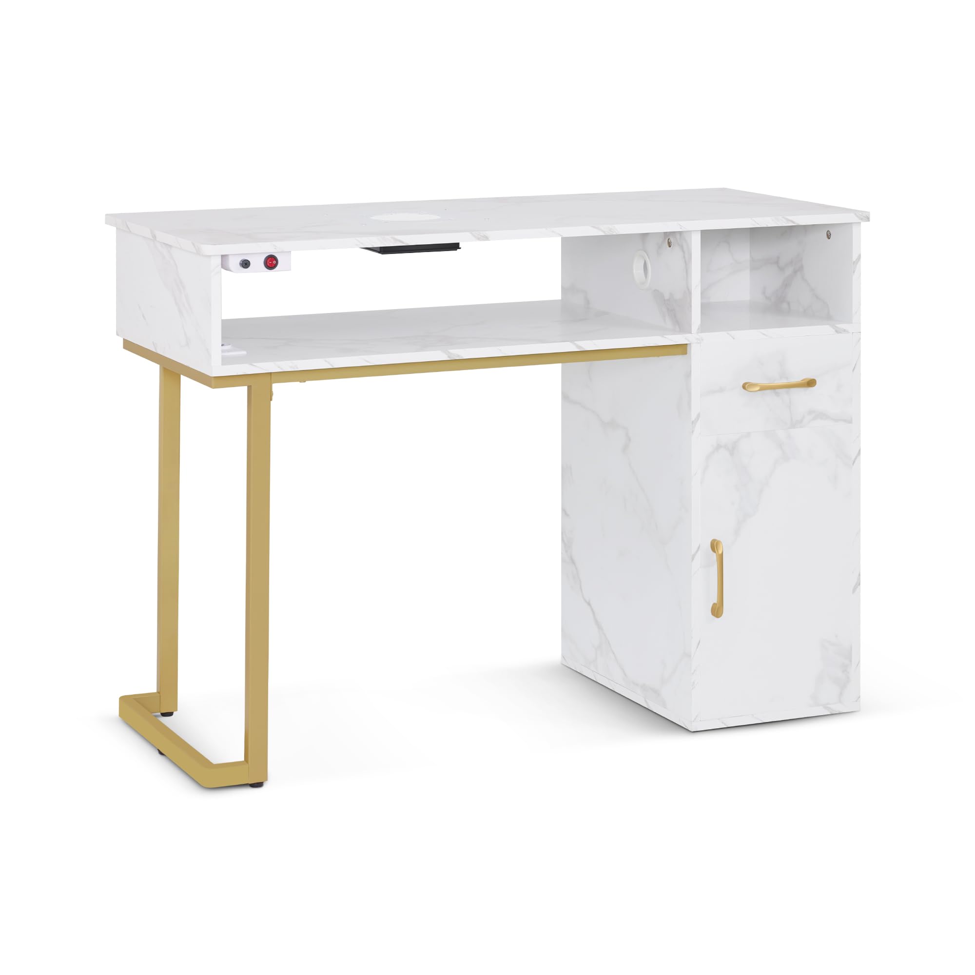 Barberpub Manikürtisch mit Schublade & Schrank, Nageltisch mit Absaugung, 3 Steckdosen, 2 Staubsaugerbeuteln, Nagelfrisiertisch Holz, Schreibtisch für Nagelstudio, Marmor-Weiß Gold, 50x110x82cm, 2491