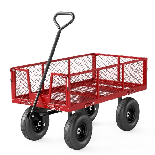 Real Relax Steel Garden Cart 880lbs, 2-in-1 Heavy Duty Utility Yard Wagon Cart with Wheels, Mesh Removable Side, 180° Pull Handle, Pneumatic Tires for Garden, Yard, Lawn, Farm, Camping, Red by Real Relax - Used condition - CA$110.49