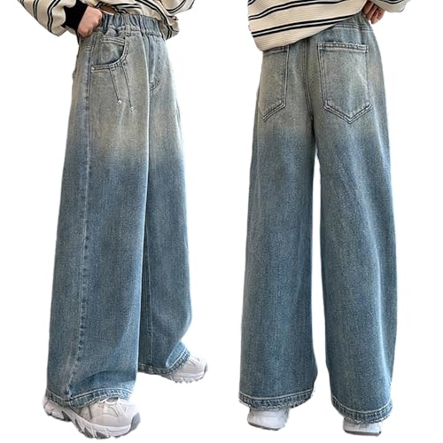 Tweens Denim Pants for Girls, Rivet Details Wide Leg Jeans, Gradient Elastic Wasit Baggy Jeans with Five Pockets