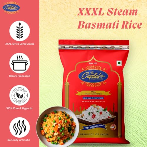 Image of The Capital XXXL Steam Basmati Rice - 26Kg Naturally Aromatic Extra Long-Grain Rice | Premium Aged & Non-Sticky for Biryani, Pulao & Daily Meals