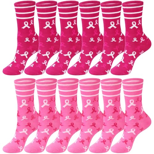 Cutecrop 12 Pairs Breast Cancer Awareness Crew Socks Pink Ribbon Cancer Care Inspirational Gifts for Women Chemo Survivor