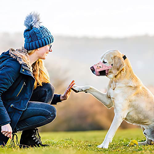 HEELE Hund Maulkorb, Maulkörb für Hunde, Weiche Nylon Drucken Maulkorb Air Mesh Atmungsaktiv Einstellbar Schleife Muster Haustiere Maulkörbe für Kleine Mittlere Große Hunde, Pinke Blume, S