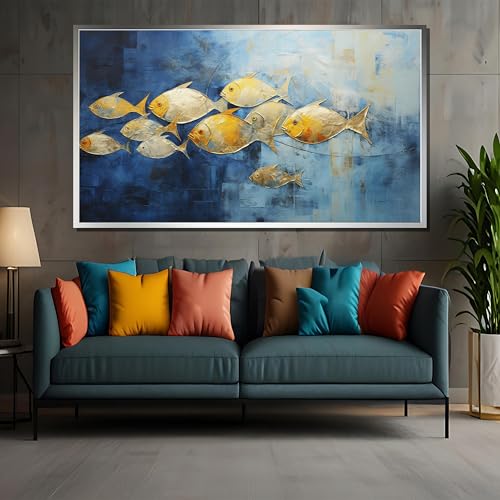 Décoration murale maison poissons : affiche et impression sur toile bleu or 60x80 cm