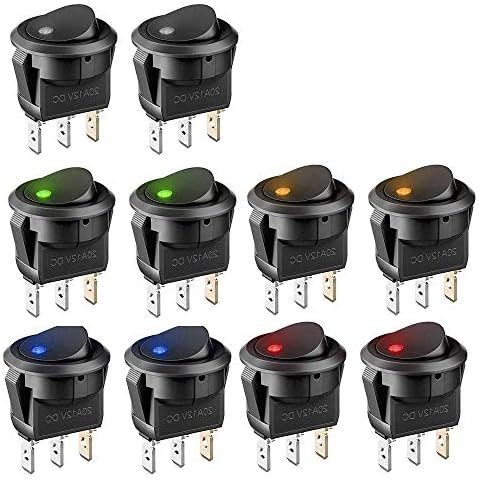 10 Pcs 12V Switch, XCOZU 20A 12 Volt Switch Auto Switch 5 Color Led Rocker Switch Car Light Switches, DC Rocker Switch Round Automotive Illuminated Switch On Off Toggle Switch Cover