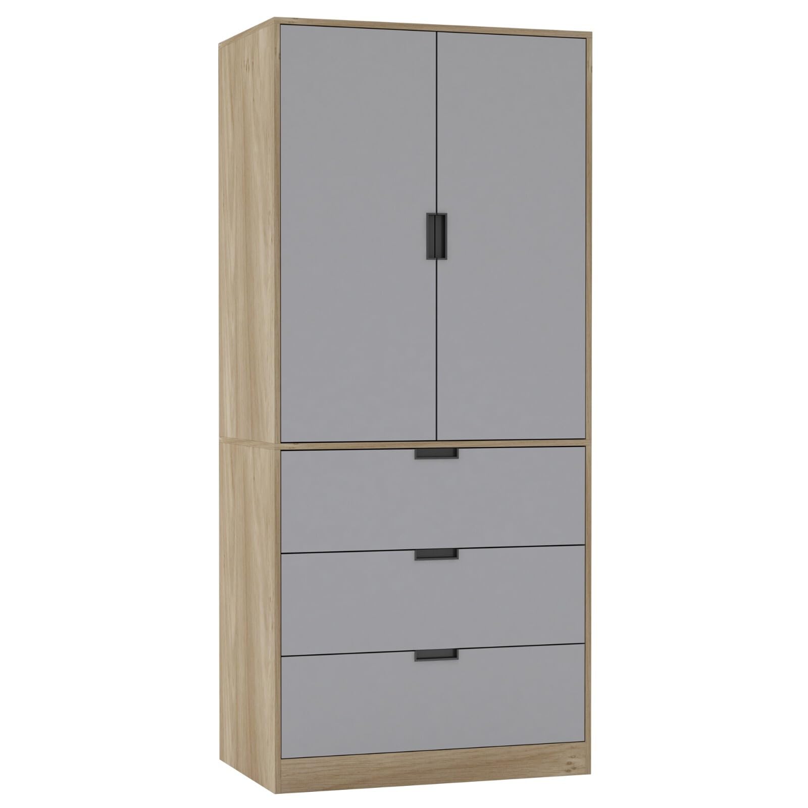 URBNLIVING Modern 2 Door Wardrobe with 3 Drawers & Hanging Rail, Stylish Freestanding Storage, Spacious Interior, Durable Chipboard Build, Easy to Assemble Bedroom Furniture