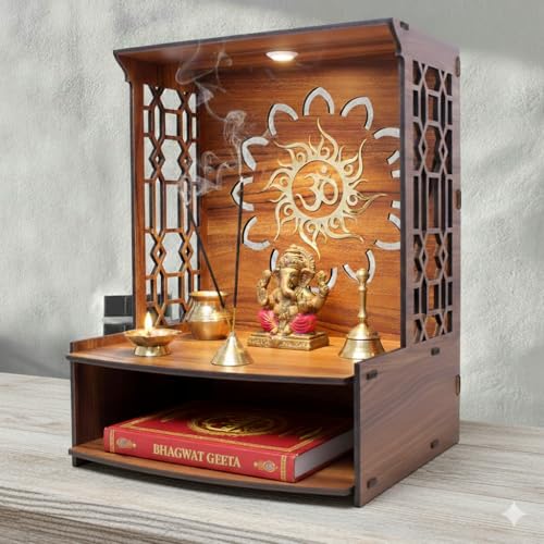 Image of Royal Walnut Finish Wooden Pooja Mandir | Wall Mounted Home Temple with LED Lights & Spacious Storage | Premium Handcrafted Puja Unit (37.5 * 29 * 25 CM) (Large) A5