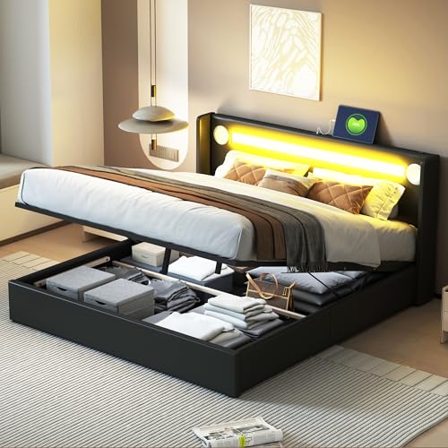 Lcoho Cama tapizada, cama con tira de luces LED, reproductor Bluetooth y carga USB, cama de almacenamiento de piel sintética, cajón, cama doble con somier (negro, 160 x 200)