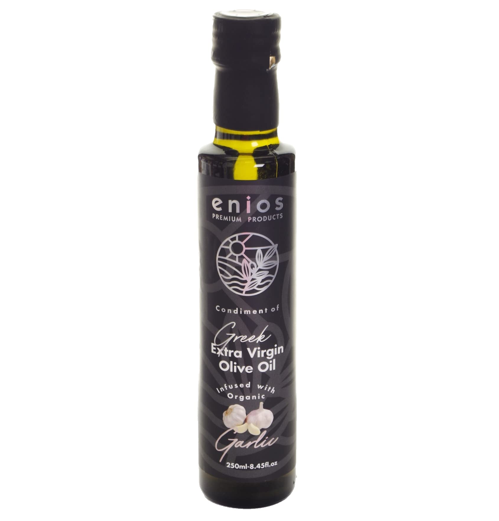 Garlic Infused Greek Extra Virgin Olive Oil 250ml. 100% Natural. No flavourings. No preservatives. No essential oils. No chemicals. No floating 'bits'. Absolutely nothing artificial!