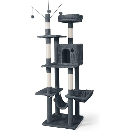 CAPHAUS Tall Cat Tree for Indoor Cats, Modern Cute 70-Inch Climbing Play Tower with Top Perch Large Cats Kittens, Multi-Level Activity w Scratching Posts, Hammock, Cave Condo, Smoky Grey