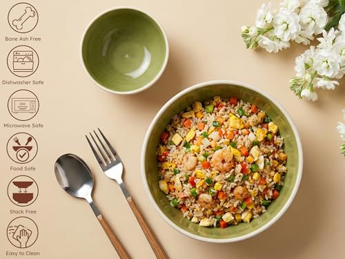 Image of Bodhi House Ceramic Deep Serving Bowl Set of 2 - 900ml | Multipurpose Microwave-Safe Bowls for Salad, Ramen, Cereal, Snacks & More - Eucalyptus White | Ideal for Dining & Gifting