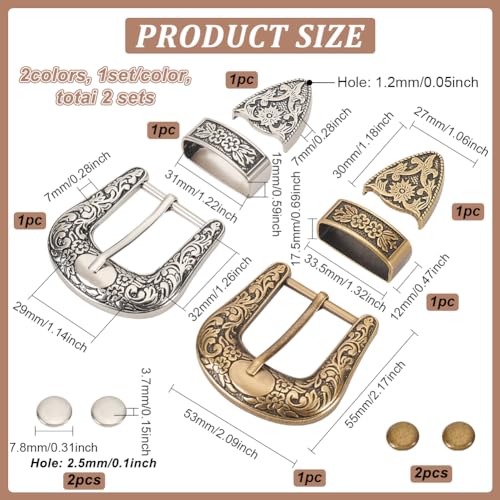 BENECREAT 2 Set Gold Silver Western Cowboy Buckle Set, Alloy Belt Buckle Set Caving Vintage Belt Buck Set for Replacement Men Women Belt, 2x2.1 Inch
