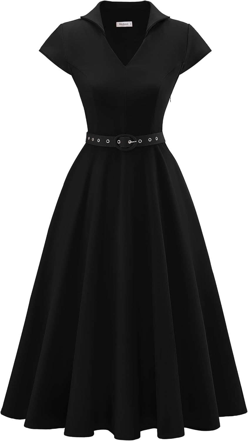 Wedtrend 1950's Vintage Dresses for Women Cocktail Dress with Belt Modest Church Dress Wedding Guest Dresses with Pockets