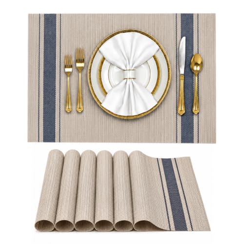Image of Solitude Set of 6 Dining Table Placemats | Non-Slip PVC Table Mats, Heat Resistant, Washable, Stain-Resistant Surface, (Beige & Blue, 45 x 30 cm)