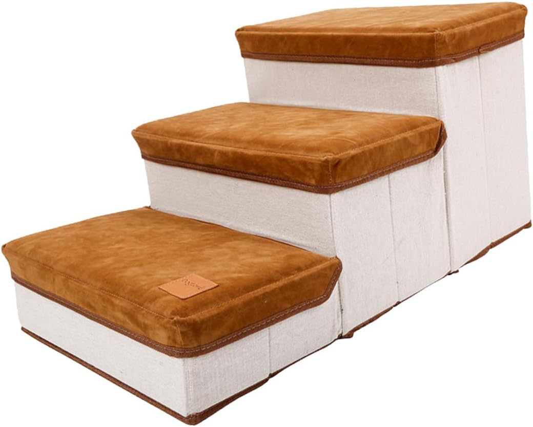 ERINGOGO Foldable Pet Stair with Storage Case, Brown Dog Ladder for Puppies and Small Dogs, Portable Pet Ramp for Indoor Use