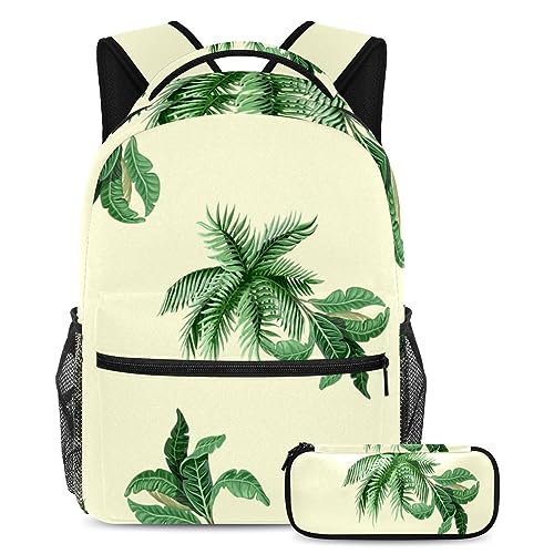 Sac à dos école avec trousse assortie motif plantes vertes pour fille et garçon