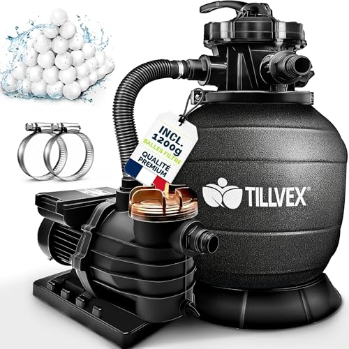 tillvex® Système de Filtre à Sable 13 200L/h jusqu'à 40 000L + 1200g Boules Filtre | 7 Fonctions de Filtration & Adaptateur 2en1 Ø32-38mm | Filtre piscine...