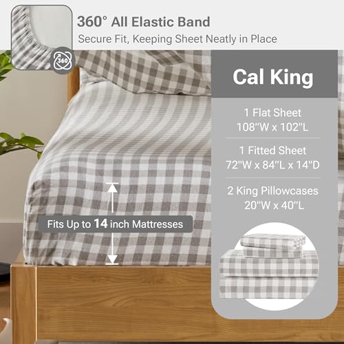 Sleep Philosophy True North 100% Cotton Flannel Sheets Cal King, Cozy Flannel Sheet Set Brushed for Extra Softness, Heavyweight Novelty Print Warm Flannel Bedding Set, Gray Herringbone Check 4 Piece