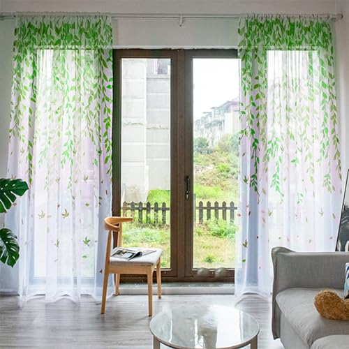Cortinas de ventana transparentes y verdes, pack de 2 paneles con estampado botánico 7