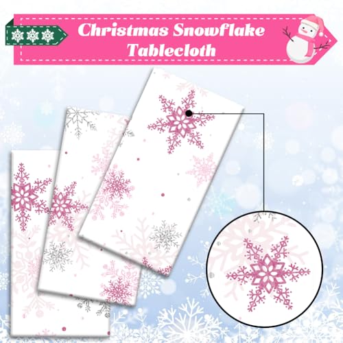 Image of Labeol 3 Pack Christmas Tablecloth, 108 x 54 inch Pink Snowflake Tablecloth for Table Decorations, Waterproof Disposable Plastic Rectangle Table Cover for Christmas Winter Holiday Party Supplies