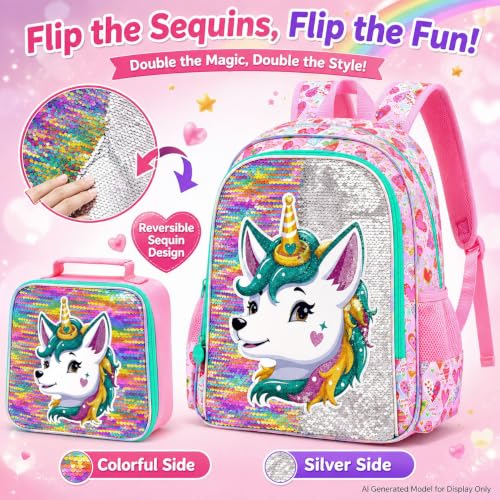 Image of 16 inch Fox Backpack for Girls, 3Pcs Sequin Bookbag Set for Kids, Elementary Preschool Preschool School Backpacks with Lunch Box (Pink)