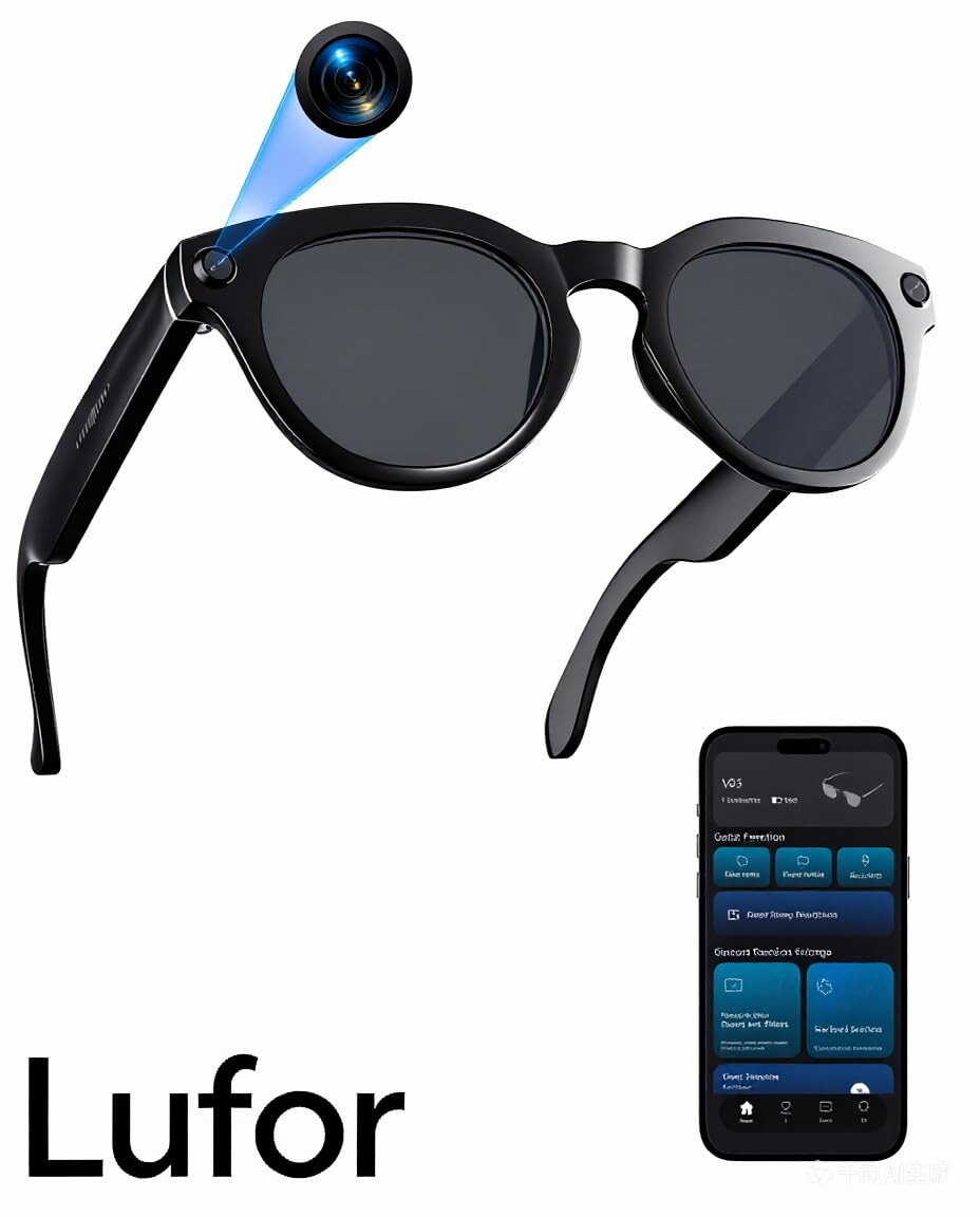 Lufor Smart Glasses with Camera and Bluetooth, 8MP 32GB 1200P HD Video Recording, Real-Time Translation & Voice Assistant, Open-Ear Bluetooth Audio for Vlogging, Travel & Meetings