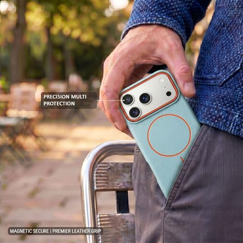 Image of amazon basics Luxury MagSafe Compatible Leather Texture Back Cover for iPhone 17 Pro Max | Raised Camera Protection | Slim Fit Shockproof Case with Metallic Accents (Light Blue)