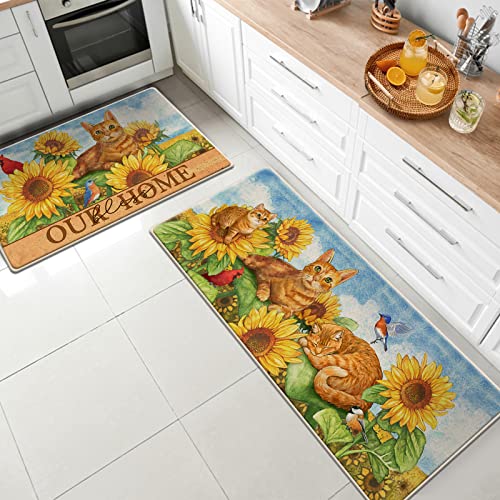 Tailus Fall Orange Cats Sunflower Cardinal Decorative Kitchen Rugs Set Of 2, Autumn Red Bird Kitchen Mat Non-Slip Floor Mat, Spirng Summer Home Kitchen Decorations - 17X29 And 17X47 Inch #TOP1