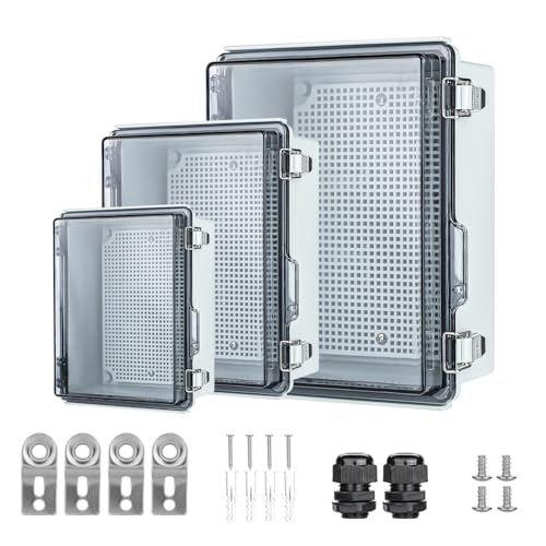 Small Waterproof Electrical Junction Box IP67 Waterproof Clear ABS Plastic Enclosure Boxes for Outdoor Garden with Hinged Cover Mounting Plate Wall Brackets Cable Glands (8.7x6.7x4.3)