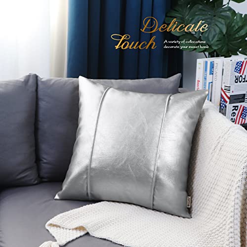 Image of BRAWARM Silver Leather Throw Pillow Covers 16 X 16 Inches - Faux Leather Pillow Cover with Piping, Hand Stitched Leather Throw Pillow for Couch Sofa Bed Living Room Home Decorative