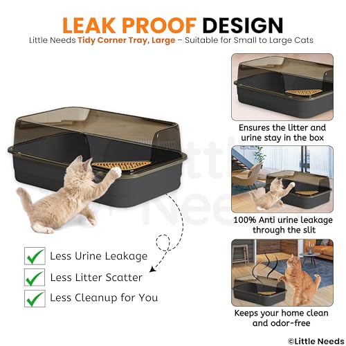 Image of Litter Tray with Scooper for Small to Large Cats (Tidy Corner, Black) (61 x 41 x 25 cm) | 24 inch Durable, Semi-Enclosed Sleek Design Tray with Corner Foot Grid for Daily Toilet Training
