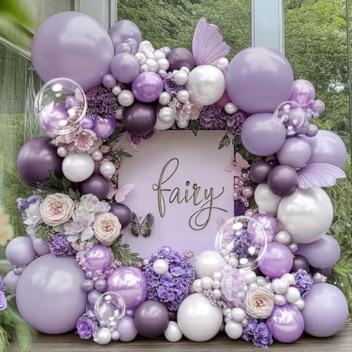 Image of Purple White Balloon Garland Double Stuffed Light White Lilac Balloons Pearl Balloon Arch Kit For Lavender Fairy Birthday Baby Shower Wedding Wild Flower Bridal Shower Party Decor
