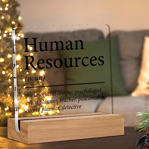 Image of Hr Gifts for Men Women Hr Appreciation Gifts for Manager | Director Human Resources Clear Desk Decorative Sign Acrylic Sign with Wooden Stand for Desk Table Shelf