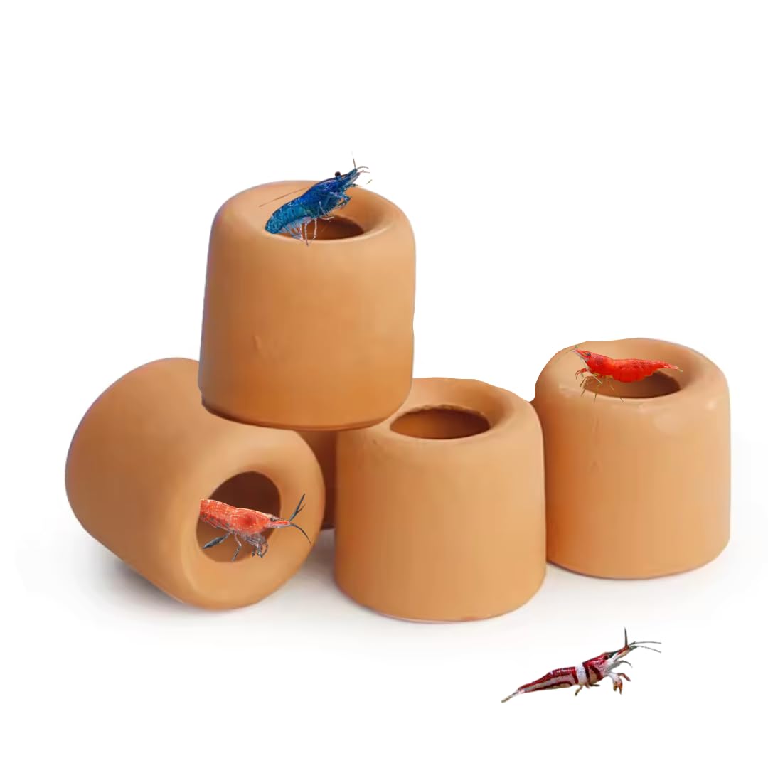 SANSEFERO Premier Plants Ceramic Round Terracotta 4 Pcs Hiding Cave for Aquarium Fish Tank Decor, Shrimp Breeding