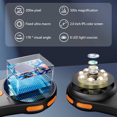 Image of Macro Digital Microscope, Portable Handheld with 2.0 inch IPS Color Screen, 500x Magnification, 200w Pixel, USB, 8LED Lights, Compatible with Windows & Mac