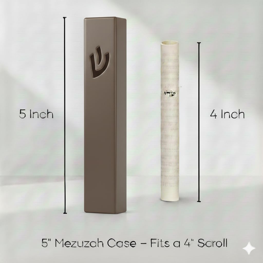 SURI Mezuzahs – 5 Inch Chocolate Aluminum Mezuzah Case with Printed Scroll, Open-Back Design for Indoor Use, Self-Stick Adhesive, Fits a 4 Inch Scroll, Gift Box Included