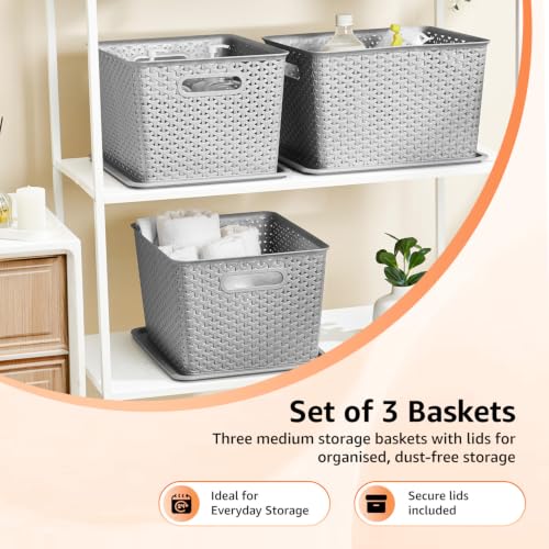 Image of Amazon Basics Set of 3 Plastic Storage Baskets with Lid - Stackable Organiser for Wardrobe, Kitchen, Clothes, Toys, Books, Office Multipurpose Shelf Basket (Large, 36x30x22 cm) | Grey, Rectangular
