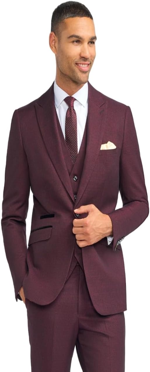 Mens Tweed Check Slim Fit Suit Jacket Vest Pants Burgundy Wine Wedding Formal Set Sold Separately