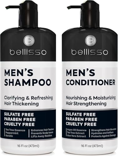 Mens Shampoo and Conditioner Set - Sulfate Free and Clarifying - For Men with Oily to Normal Hair - Moisturizing and Thickening - Biotin, Keratin, Tea Tree Oil, Caffeine and Peppermint for Dandruff