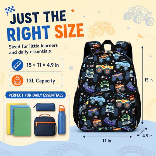 Image of LOIDOU Kids Preschool Backpack for Boys, 15 Inch Monster Truck School Bag, Lightweight Water-Resistant Kindergarten Backpack with Chest Strap for Ages 3-6